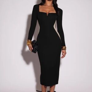Ta3 Notchy Long Sleeve Midi Dress in Contour Black/Oat
